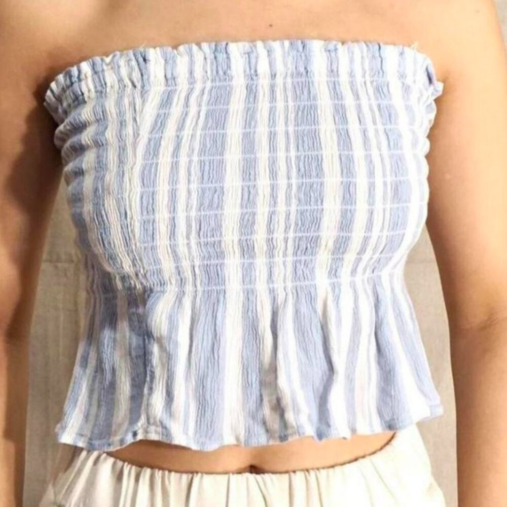 AE Soft Striped Smocked Ruffled Cropped Peplum Tube Top in Chambray Blue & White